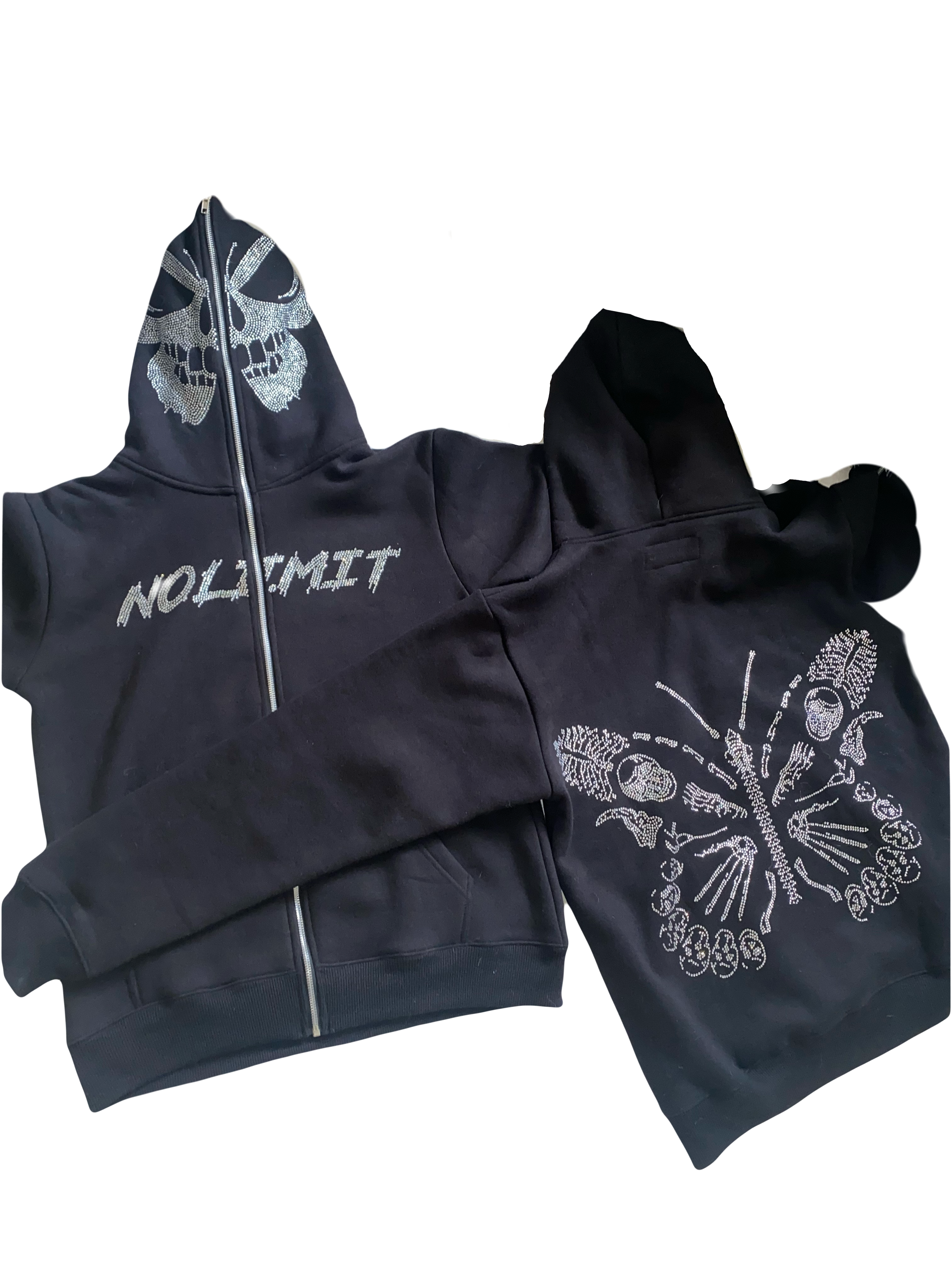Black "NOLIMIT" Rhinestone Skeleton Butterfly Full-Zip